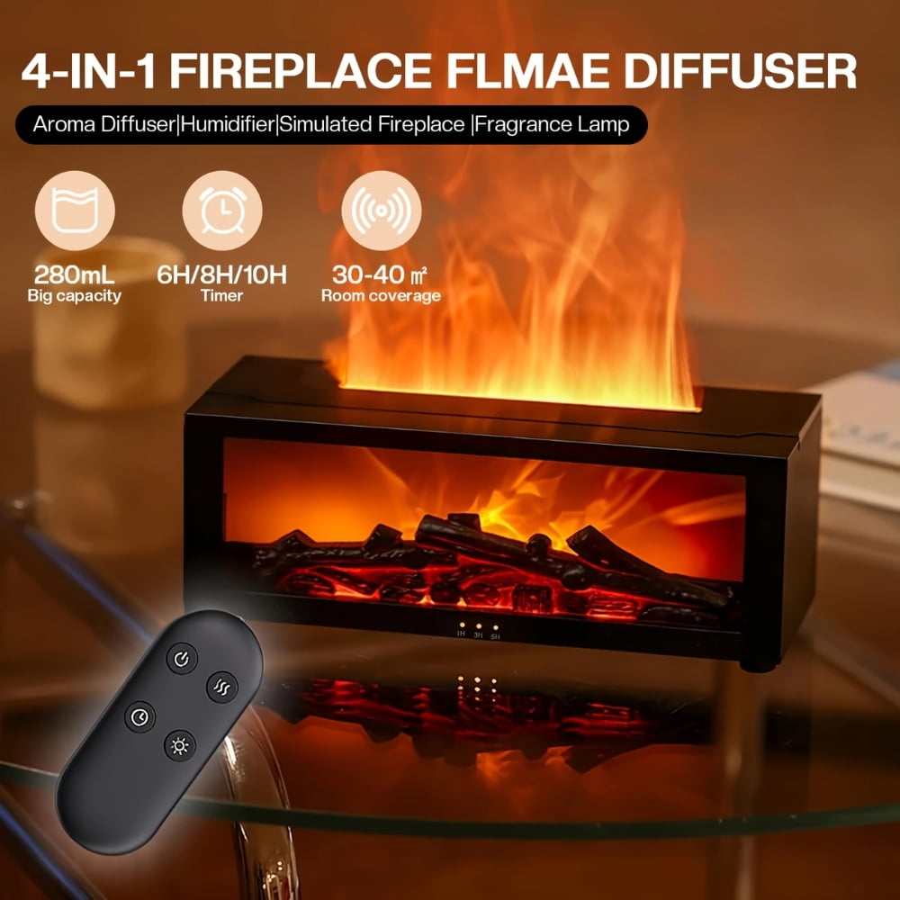 Fireplace Flame Diffuser 9.47Oz Cool Mist Air Humidifier with Remote and Timer USB Powered Aroma Diffuser with 2Pcs Essential Oils 7 Color Lights Ideal Fragrance for Home Office Per