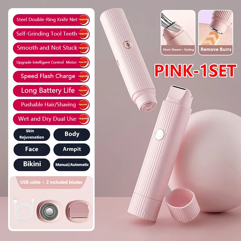 2025 New 2In1 Electric Razor for Women Painless Hair Removal Rechargeable Body Trimmer Underarm Mustache Epilator Shaver