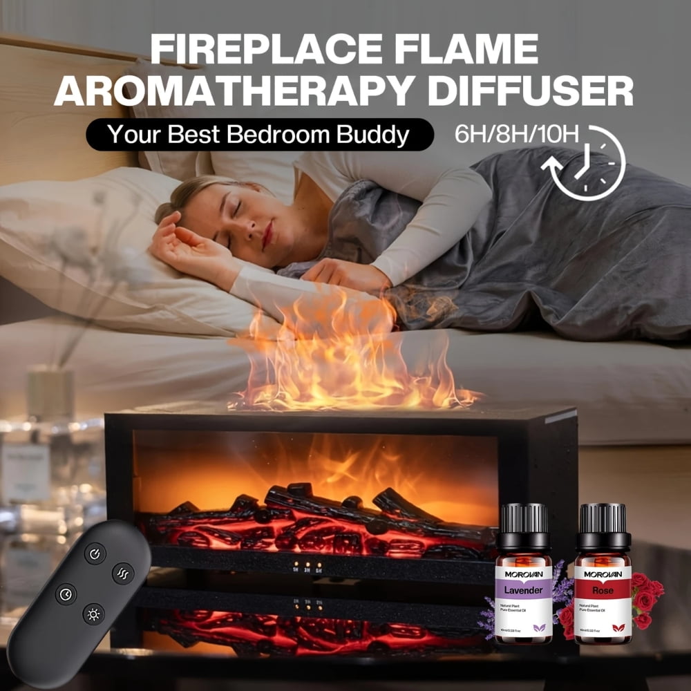 Fireplace Flame Diffuser 9.47Oz Cool Mist Air Humidifier with Remote and Timer USB Powered Aroma Diffuser with 2Pcs Essential Oils 7 Color Lights Ideal Fragrance for Home Office Per